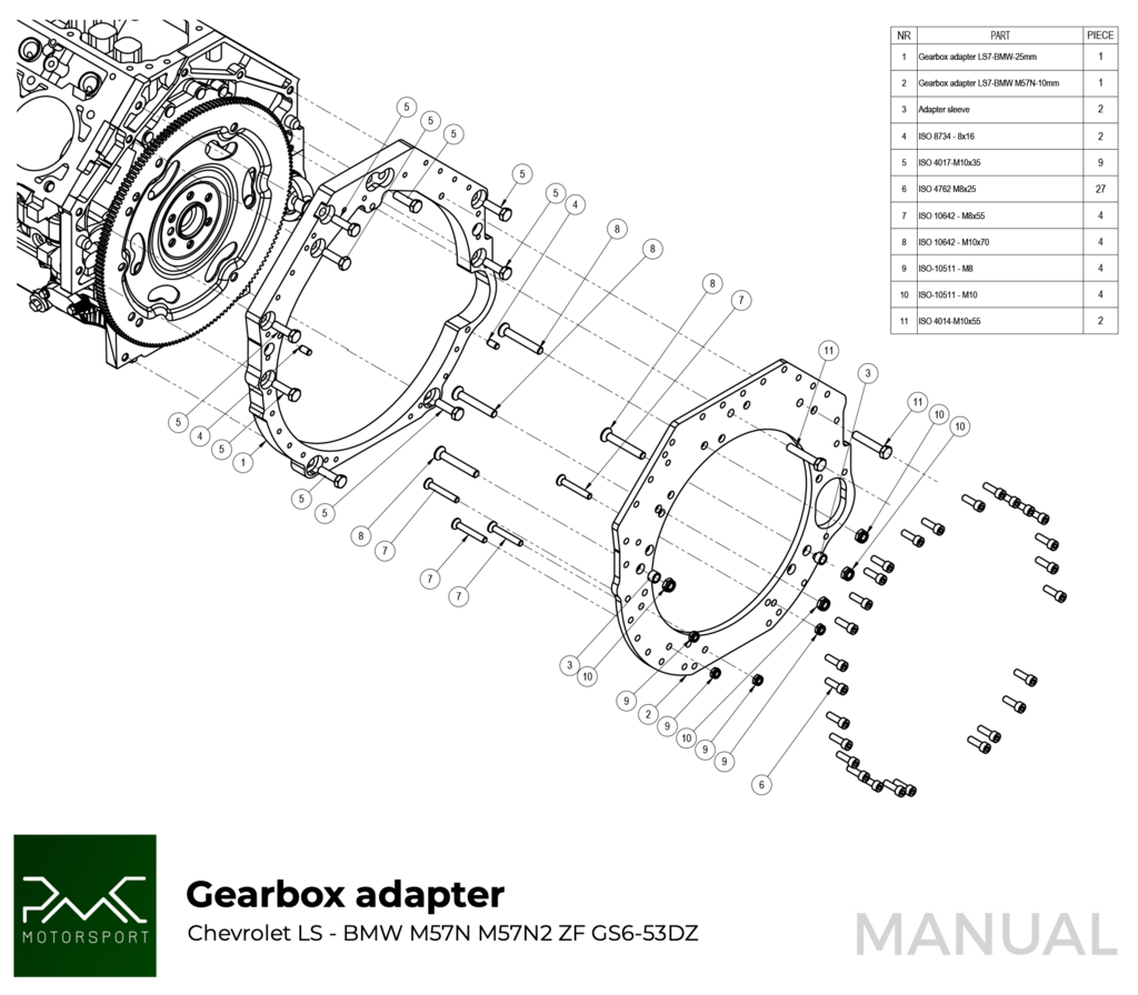 PMC Adapter Kit GM Chevrolet LSX - BMW M57N HGD JGA - 184mm 7.25" (P)