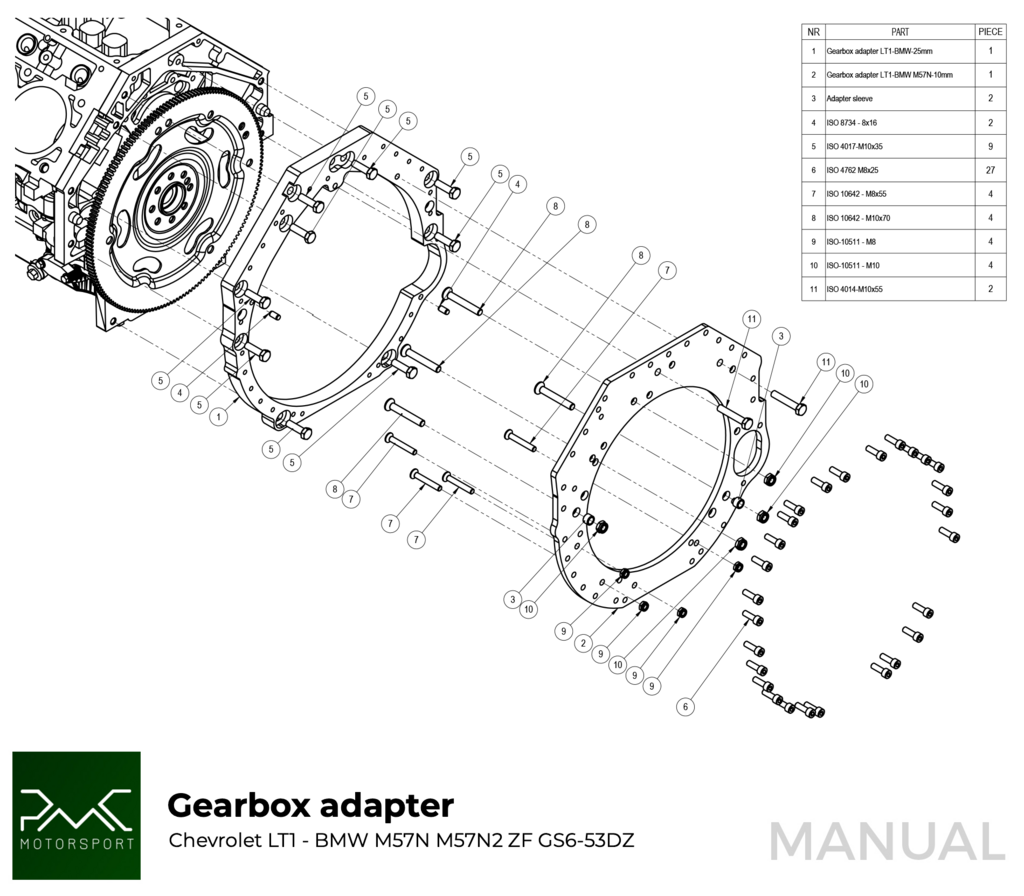 PMC Adapter Kit GM Chevrolet LSX - BMW M57N HGD JGA - 184mm 7.25" (P)