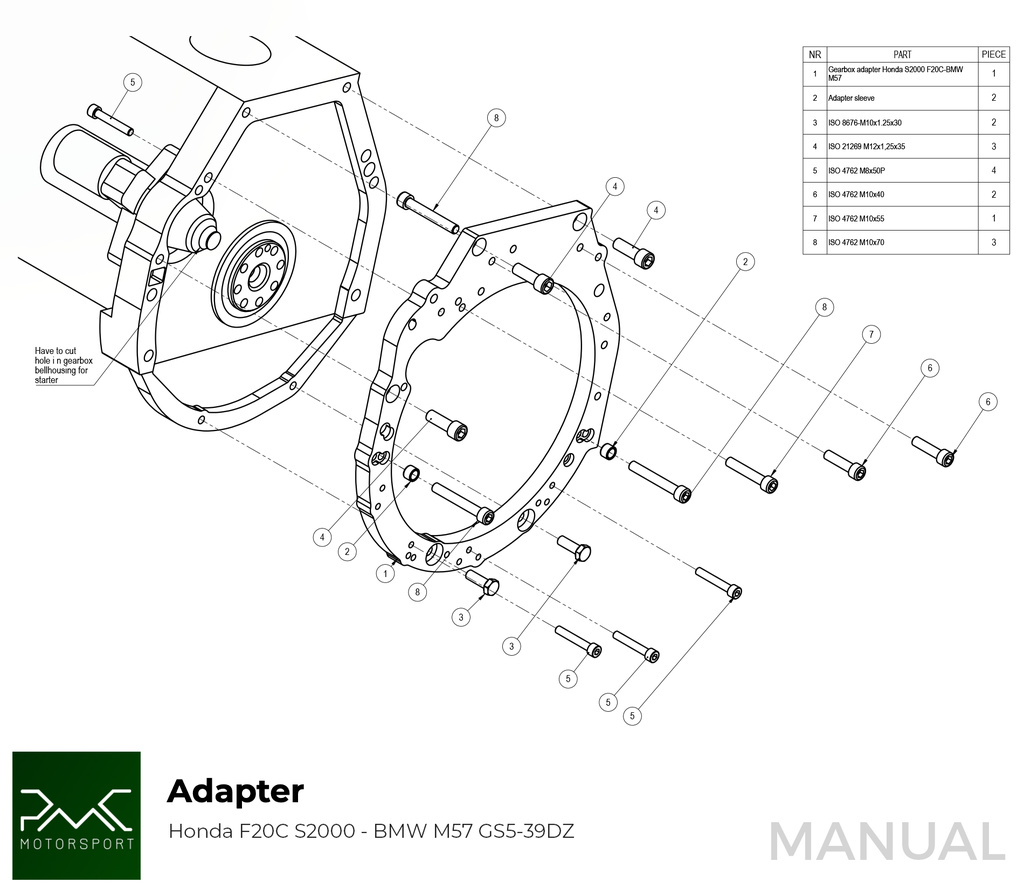 PMC Adapter Kit Honda S2000 - BMW M57 / E46 S54 M3 - 240mm / 9.45"