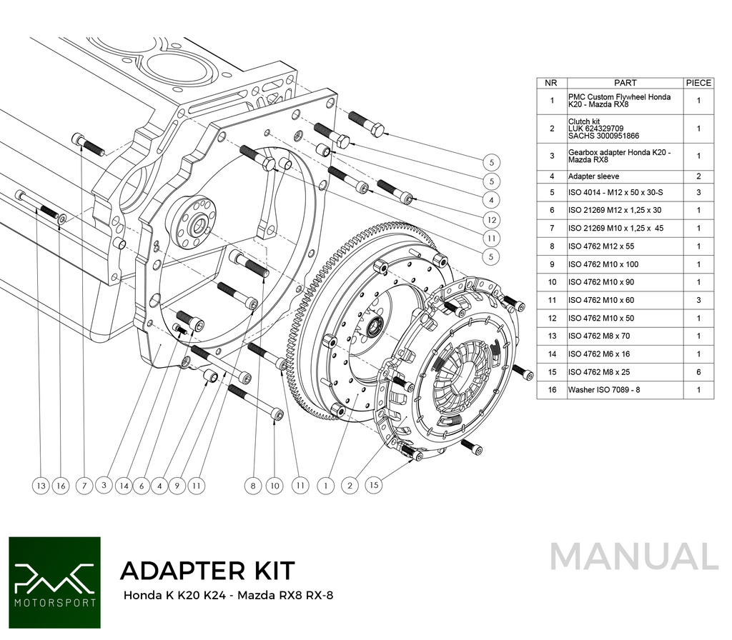 PMC Adapter Kit Honda K - Mazda RX-8 5-speed - 240mm / 9.45"