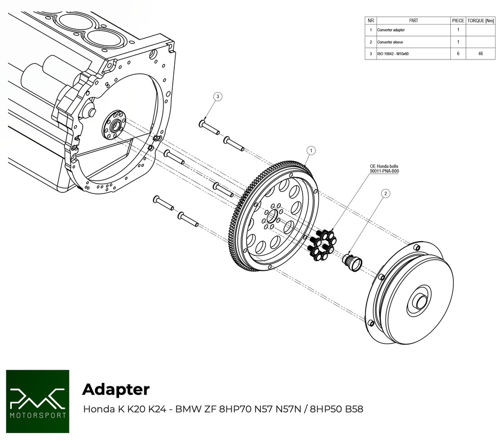 PMC Adapter Kit Honda K K20 K24 - BMW ZF 8HP70 N57 N57N  / ZF 8HP50 B58