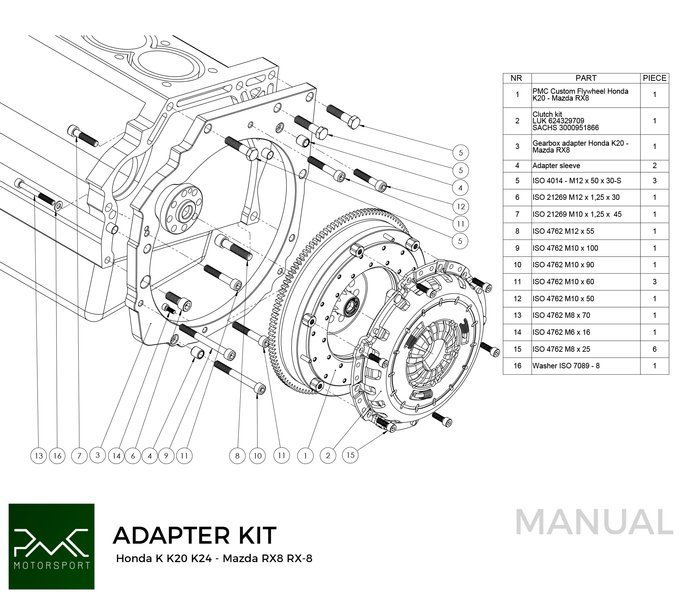 PMC Adapter Kit Honda K - Mazda RX-8 5-speed - 240mm / 9.45"