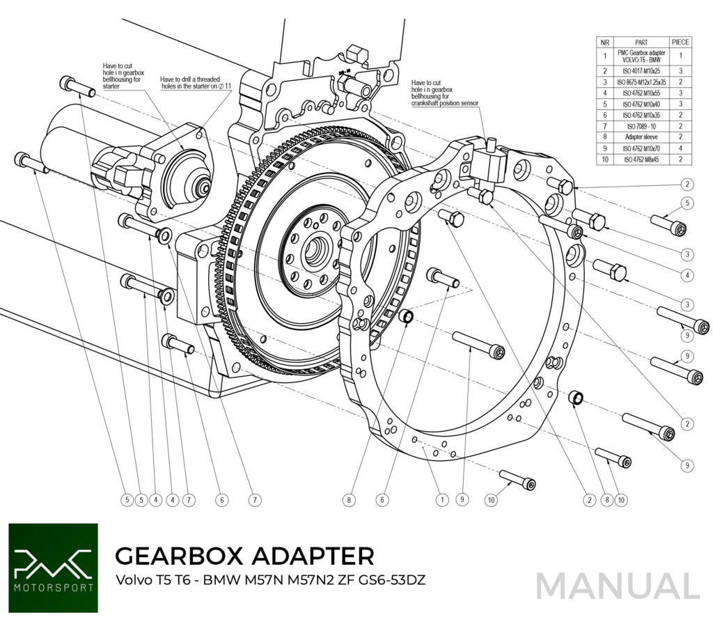 PMC Adapter Kit Volvo T - BMW M57N HGD JGA HGA - 240mm / 9.45"