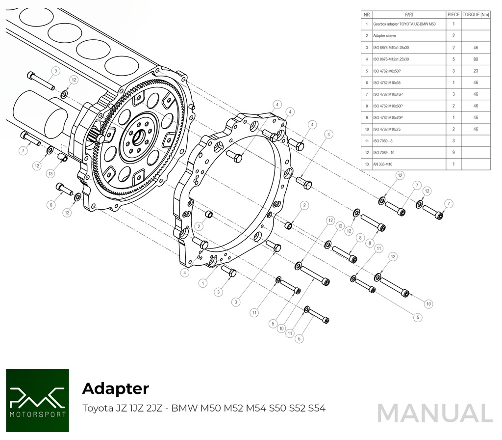 PMC Adapter kit Toyota JZ 1JZ 2JZ - BMW M50 S50 M52 S52 M54 - 184mm / 7.25"