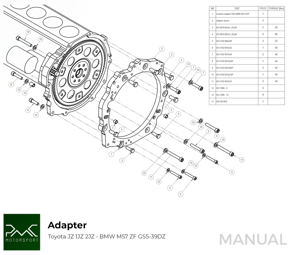 PMC Adapter Kit Toyota JZ - BMW M57N HGD JGA HGA - 184mm / 7.25" (P)