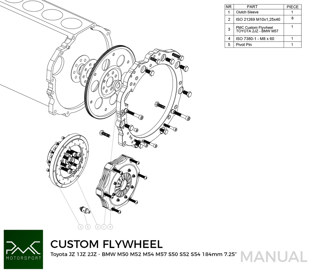 PMC Adapter kit Toyota JZ - BMW M57 / E46 S54 M3 - 184mm / 7.25"