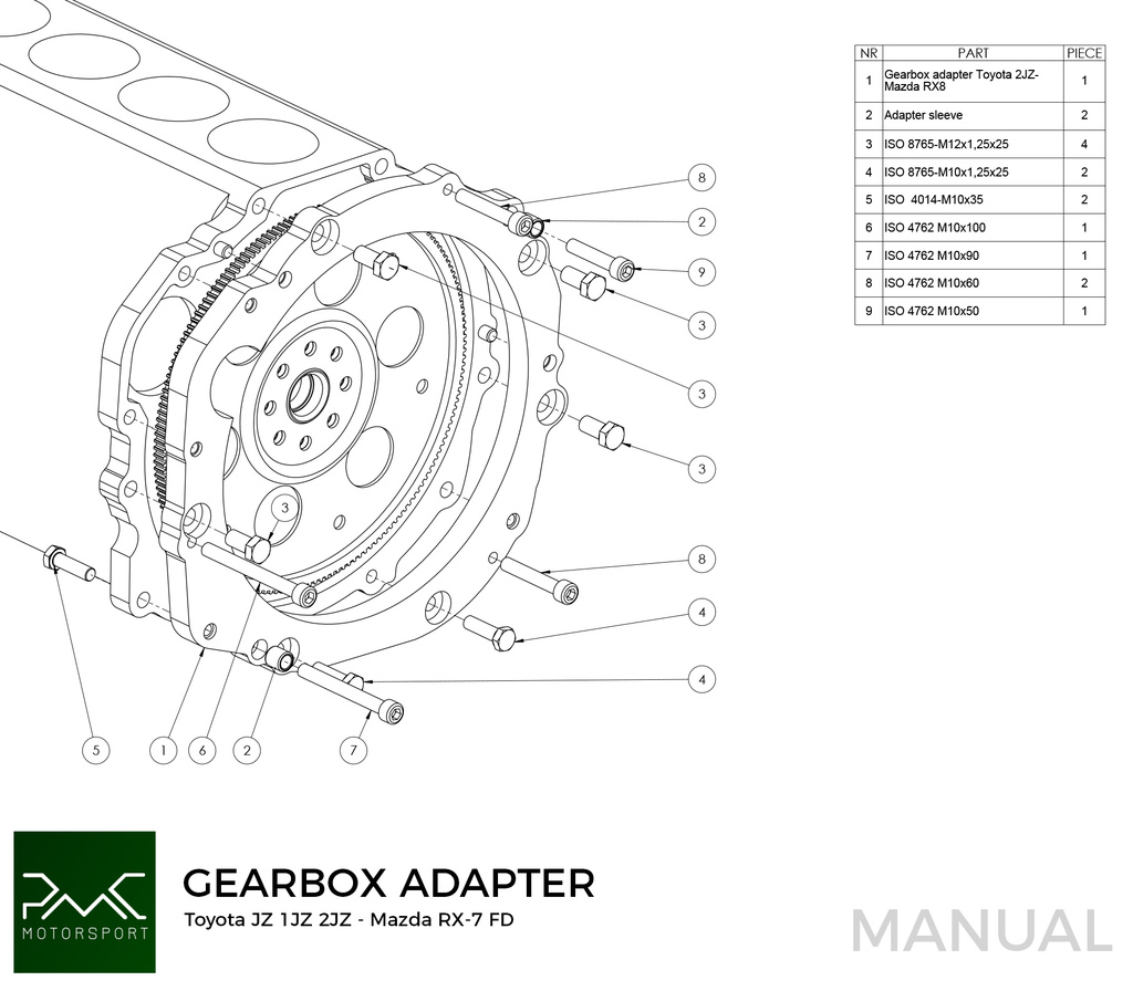 PMC Adapter Kit Toyota JZ - Mazda RX-7 FD - 240mm / 9.45" (F)