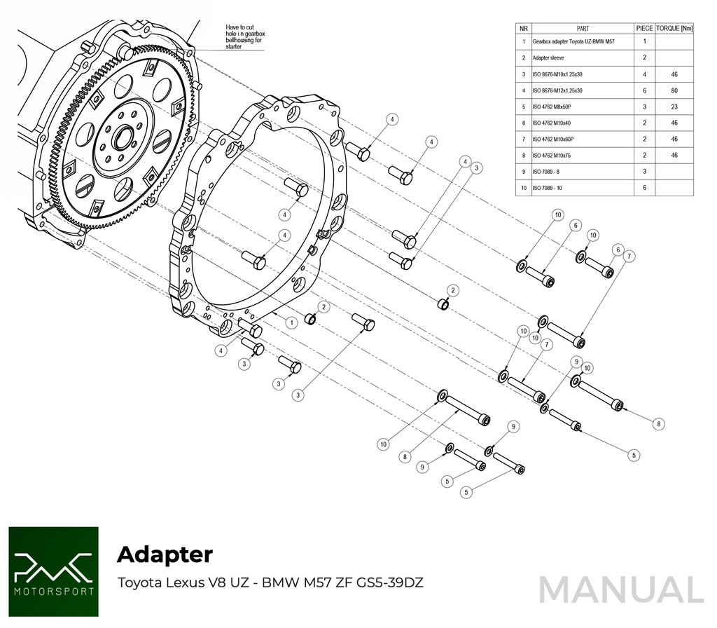 PMC Adapter Kit Toyota UZ - BMW M57 / E46 S54 M3 - 240mm / 9.45"