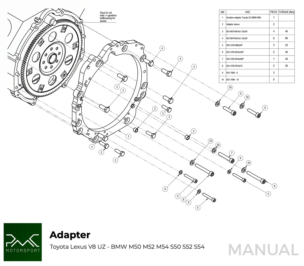 PMC Adapter Kit Toyota UZ - BMW M57 / E46 S54 M3 - 240mm / 9.45"