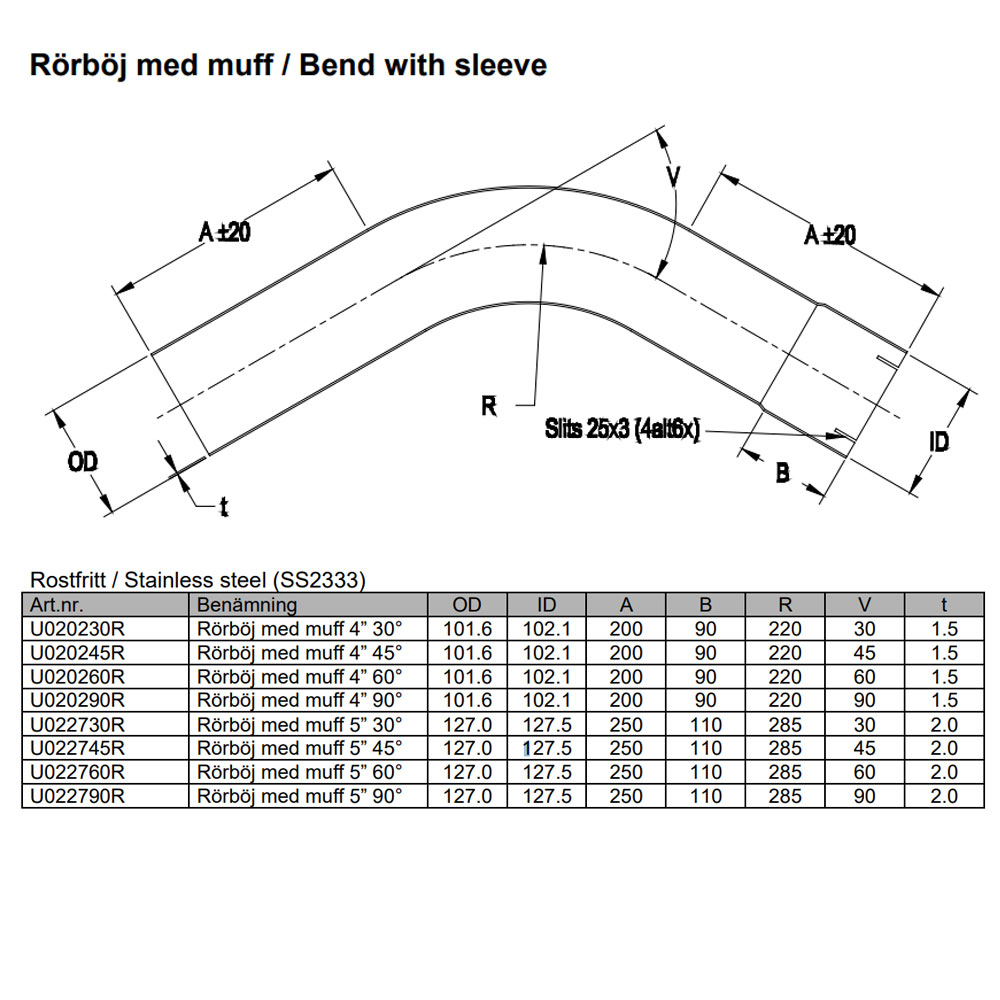 Bent exhaust tube 60° 4" Stainless (102mm)