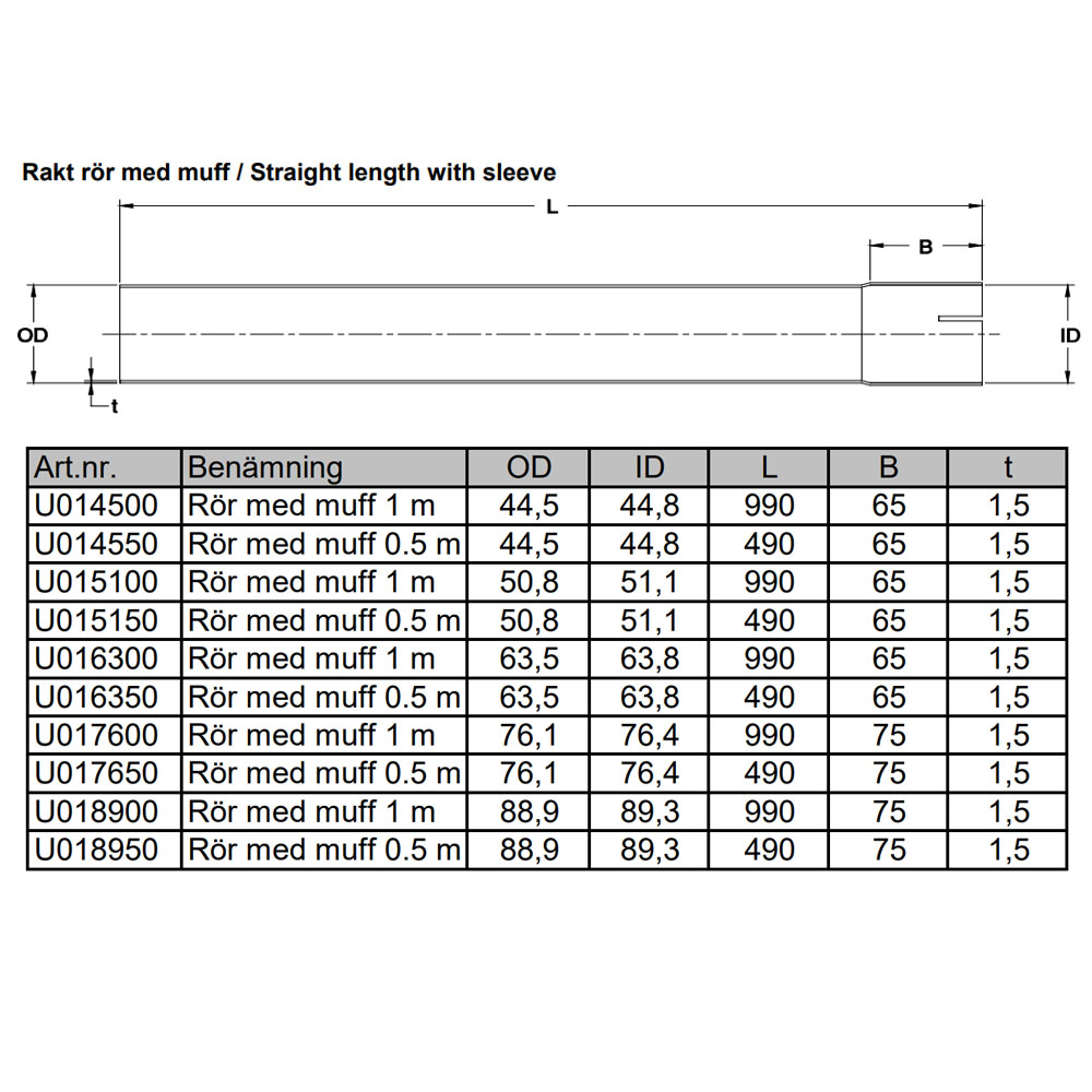 Exhaust tube 1000 mm 2,5 inch Stainless (63mm)