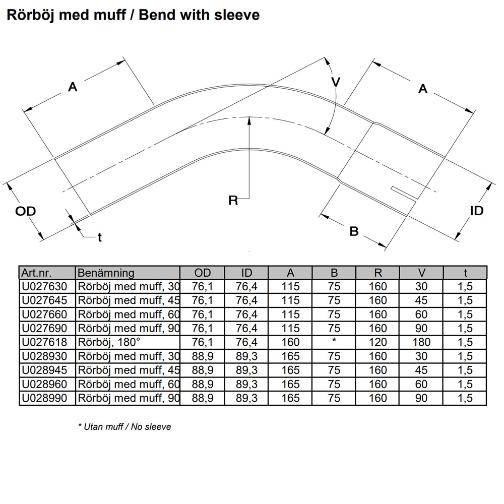 Bent exhaust tube 60° 3" Stainless (76mm)