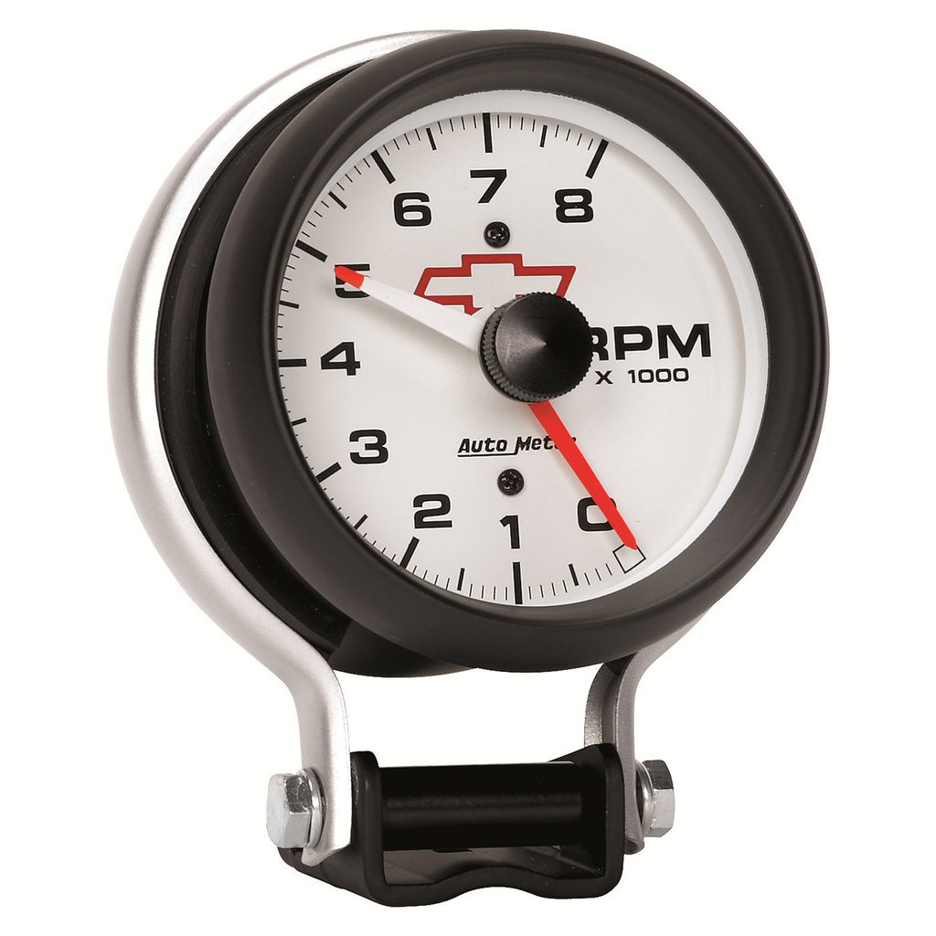 3-3/4" Pedestal Tachometer, 0-8,000 Rpm, Chevy Red Bowtie, White