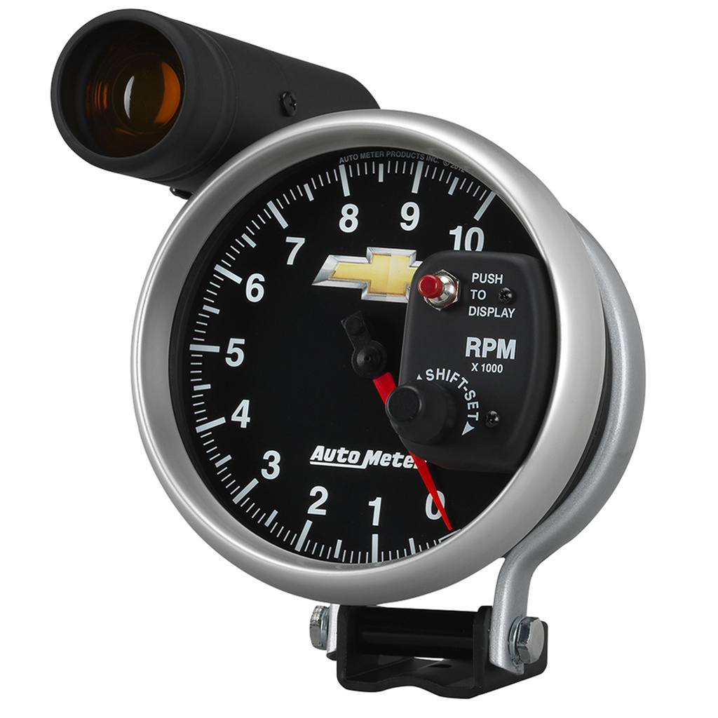 5" Tachometer, 0-10,000 Rpm, Pedestal W/ Ext. Shift-Lite, Chevy Gold Bowtie